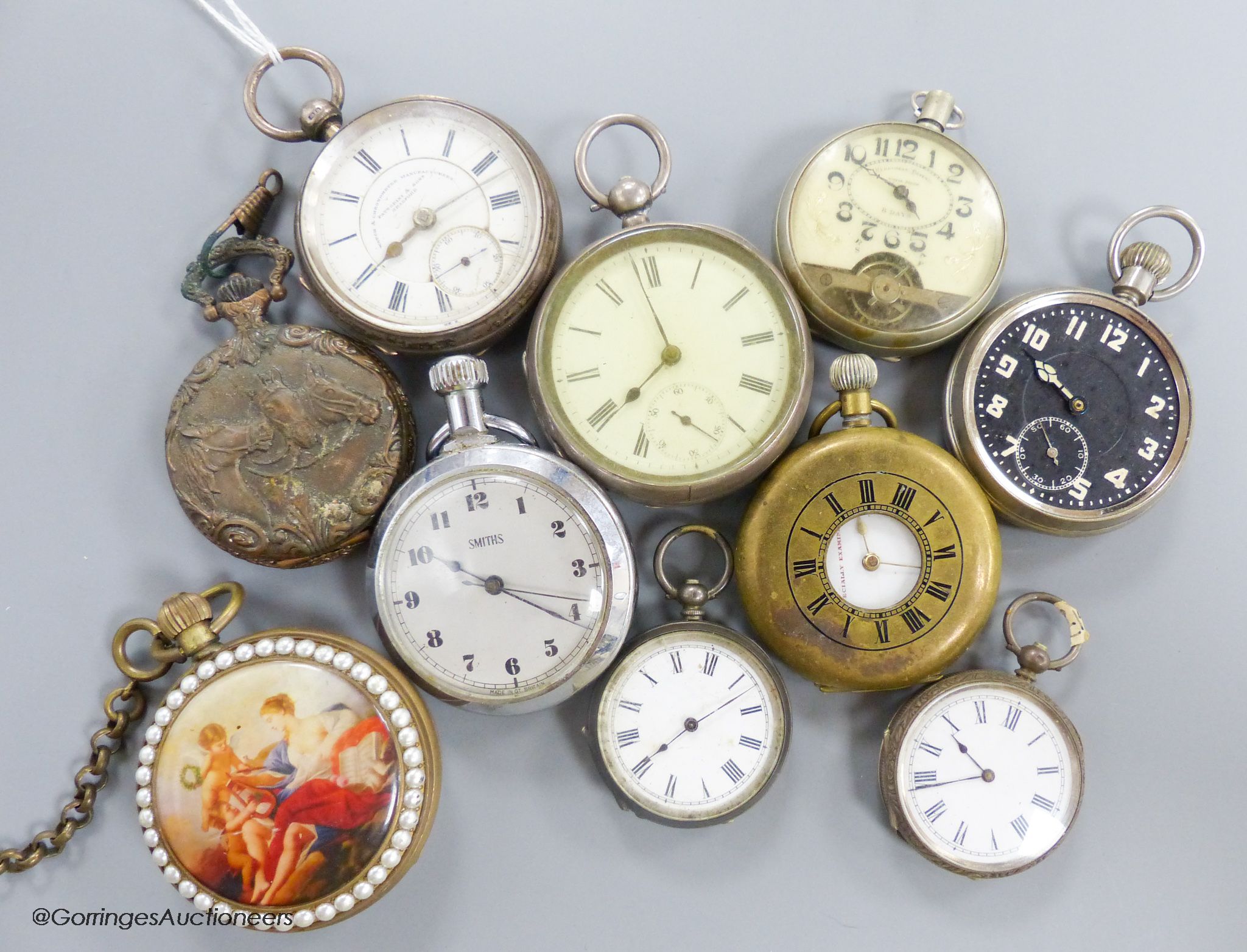 Ten assorted pocket and fob watches, including Hebdomas and silver retailed by Fattorini & Sons.